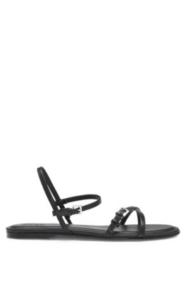 Sandalias planas en piel de napa con hebillas con logo, Negro