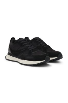 Trainers with knit and burnished-leather trims, Black