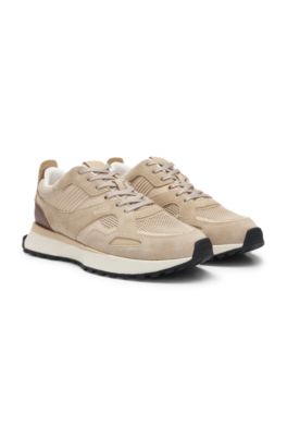 Trainers with knit and burnished-leather trims, Light Beige