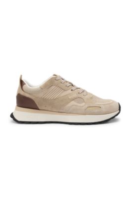 Trainers with knit and burnished-leather trims, Light Beige