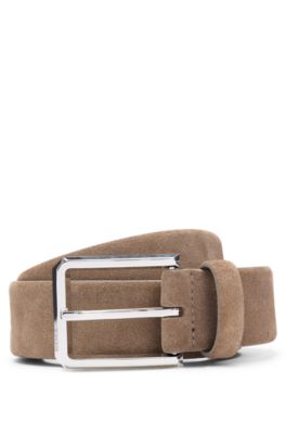 Suede belt with silver-tone buckle, Beige