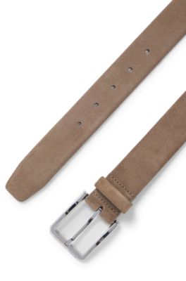 Ceinture en cuir su&eacute;d&eacute; avec boucle argent&eacute;e, Beige