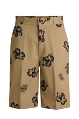 Baggy-fit shorts in hibiscus-print stretch-cotton twill, Light Beige
