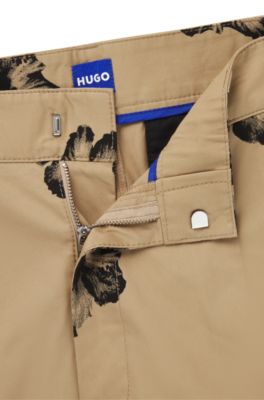 Baggy-fit shorts in hibiscus-print stretch-cotton twill, Light Beige