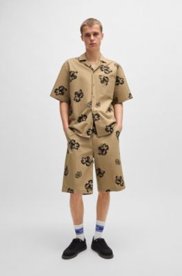 Baggy-fit shorts in hibiscus-print stretch-cotton twill, Light Beige