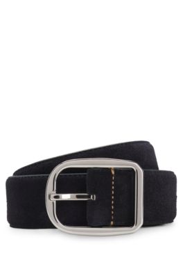 Italian-made suede belt with frame buckle, Dark Blue