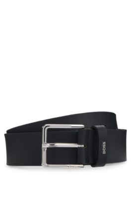 Structured-leather belt with logo keeper, Dark Blue