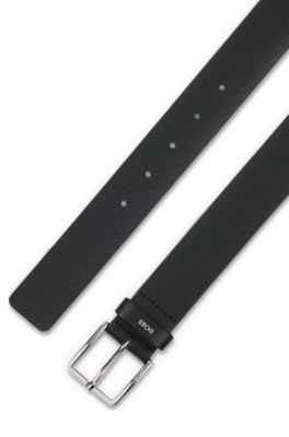 Structured-leather belt with logo keeper, Dark Blue