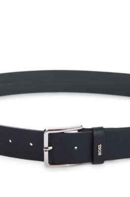 Structured-leather belt with logo keeper, Dark Blue
