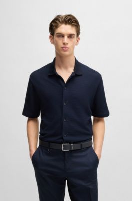 Structured-leather belt with logo keeper, Dark Blue