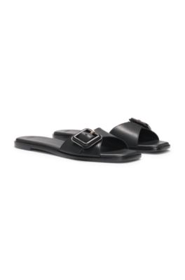 Leather slides with logo-detail buckle, Black