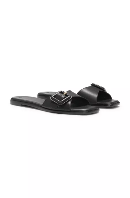 Leather slides with logo-detail buckle