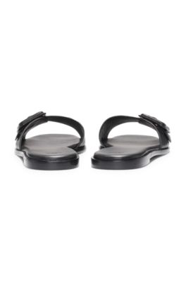Leather slides with logo-detail buckle, Black