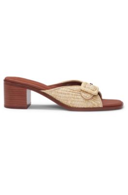 Mules en raphia avec finitions cuir, Beige clair