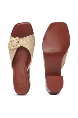 Mules en raphia avec finitions cuir, Beige clair