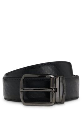 Reversible belt in monogrammed and structured Italian leather, Black