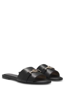 Leather slides with gold-tone Double B monogram, Black