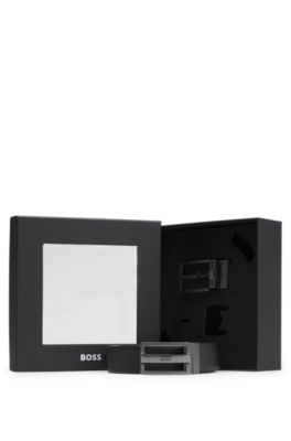 Reversible Italian-leather belt with two buckles, Black