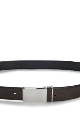 Cintur&oacute;n de piel italiana reversible con cierre de hebilla y placa, Marr&oacute;n oscuro