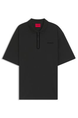 Zip-placket polo shirt in a cotton blend, Black