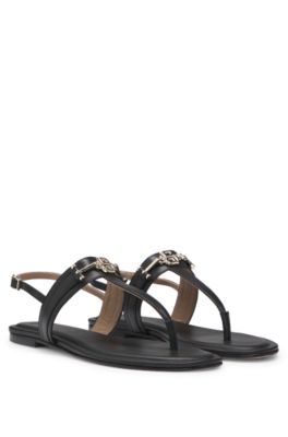 Leather sandals with metallic Double B monogram, Black