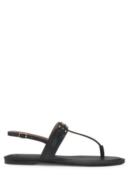 Leather sandals with metallic Double B monogram, Black