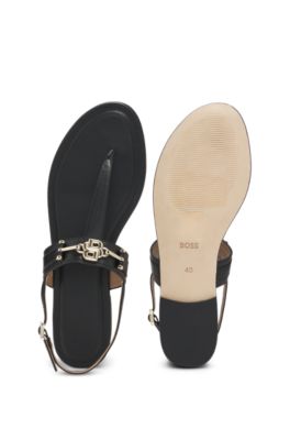 Leather sandals with metallic Double B monogram, Black
