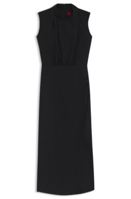 Vestido largo en crep&eacute; con cuello medio drapeado, Negro