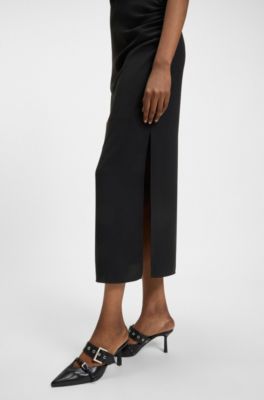 Vestido largo en crep&eacute; con cuello medio drapeado, Negro