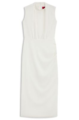 Vestido largo en crep&eacute; con cuello medio drapeado, Blanco