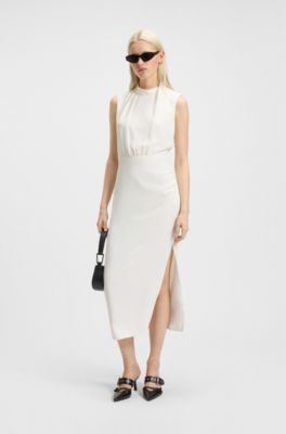 Drape-detail dress with mock neck, White