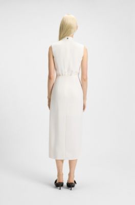 Vestido largo en crep&eacute; con cuello medio drapeado, Blanco