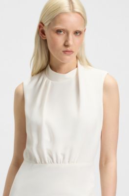 Vestido largo en crep&eacute; con cuello medio drapeado, Blanco