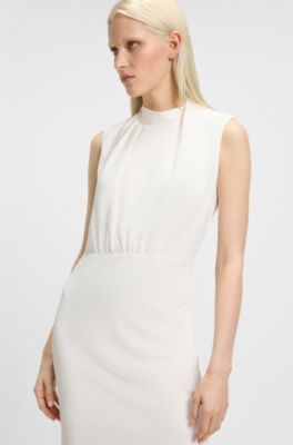 Vestido largo en crep&eacute; con cuello medio drapeado, Blanco