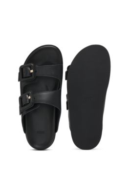 Leather slides with twin buckled straps, Black