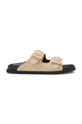 Raffia slides with buckled straps, Light Beige