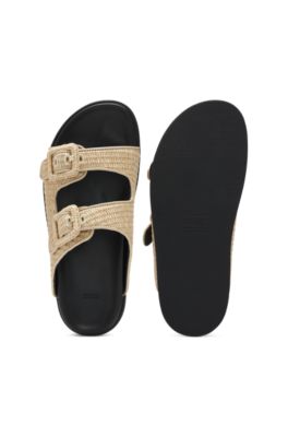 Raffia slides with buckled straps, Light Beige