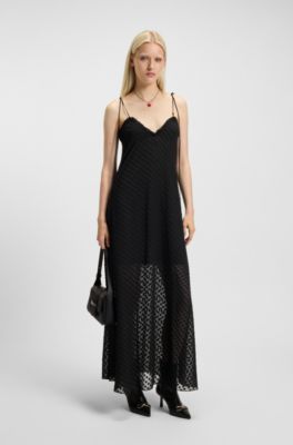 Vestido con tirantes finos y estampado de lunares devor&eacute;, Negro