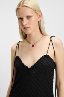 Vestido con tirantes finos y estampado de lunares devor&eacute;, Negro
