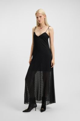 Vestido con tirantes finos y estampado de lunares devor&eacute;, Negro