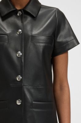Vestido camisero en piel sint&eacute;tica con botones autom&aacute;ticos, Negro