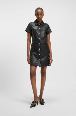 Vestido camisero en piel sint&eacute;tica con botones autom&aacute;ticos, Negro