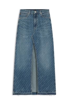 Pinstripe denim skirt with front slit, Blue