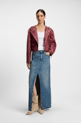 Pinstripe denim skirt with front slit, Blue