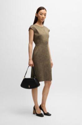 Cap-sleeve dress in melange stretch sharkskin, Brown