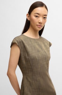 Cap-sleeve dress in melange stretch sharkskin, Brown