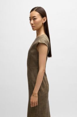 Cap-sleeve dress in melange stretch sharkskin, Brown