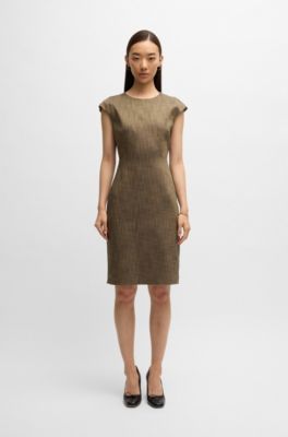 Cap-sleeve dress in melange stretch sharkskin, Brown