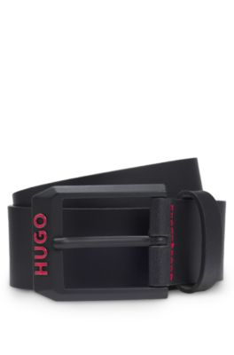 Italian-leather belt with angular logo buckle, Black