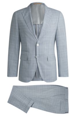 Slim-fit suit in checked wool, silk and linen, Light Blue